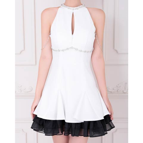 8/8新作![an]アメスリジップビジューフリルバイカラーAラインミニ丈キャバドレス[AOC-3941](ホワイト×ブラック-Sサイズ)