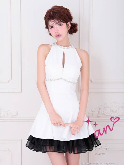 8/8新作![an]アメスリジップビジューフリルバイカラーAラインミニ丈キャバドレス[AOC-3941]