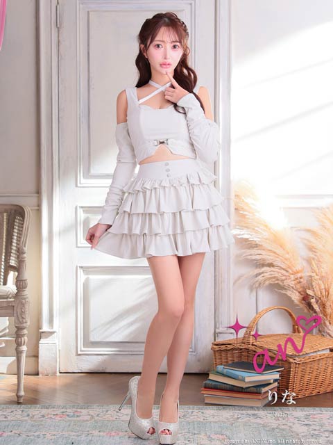 10/7再入荷![an]クロスネックベルトビジュー2wayティアードミニセットアップ[AOC-3957]