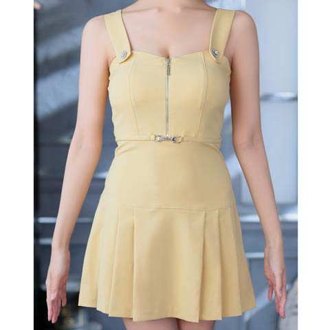 10/7再入荷![an]フロントジップチェーンビジュープリーツAラインミニ丈キャバドレス[AOC-3961](イエロー-Mサイズ)