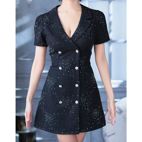 8/8新作![an]テーラードストーンWボタンAラインミニ丈キャバドレス[AOC-3949](ブラック-Sサイズ)