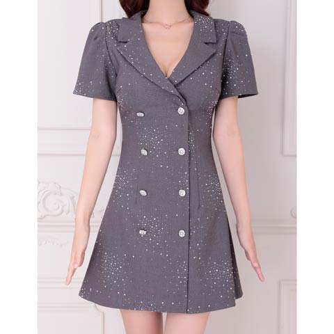 8/8新作![an]テーラードストーンWボタンAラインミニ丈キャバドレス[AOC-3949](グレー-Sサイズ)