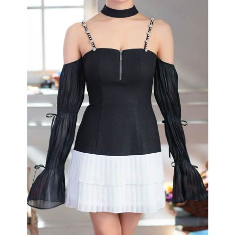 8/11新作![an]2wayチョーカー付きファスナープリーツティアードAラインミニ丈キャバドレス[AOC-3931](ブラック×ホワイト-Sサイズ)