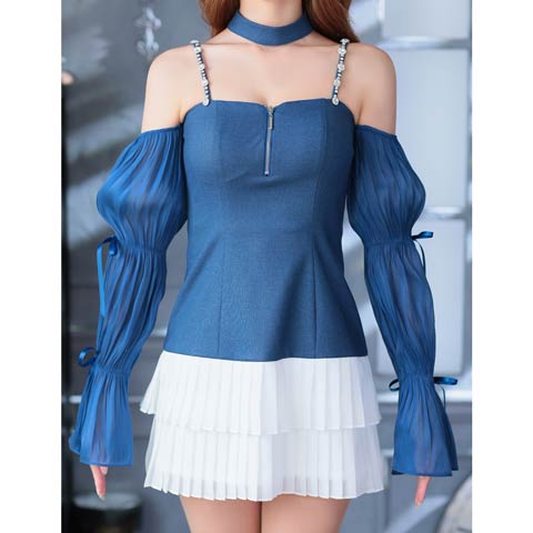 8/11新作![an]2wayチョーカー付きファスナープリーツティアードAラインミニ丈キャバドレス[AOC-3931](インディゴ-Sサイズ)