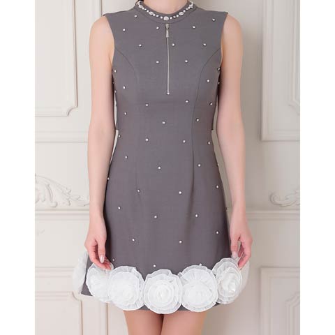 8/14再入荷![an]ボリュームフラワービジューハイネックジップAラインミニ丈キャバドレス[AOC-3935](グレー×ホワイト-Sサイズ)