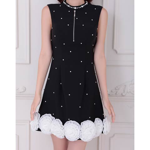 8/14再入荷![an]ボリュームフラワービジューハイネックジップAラインミニ丈キャバドレス[AOC-3935](ブラック×ホワイト-Sサイズ)