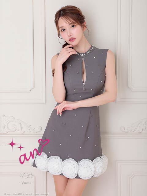 8/14再入荷![an]ボリュームフラワービジューハイネックジップAラインミニ丈キャバドレス[AOC-3935]