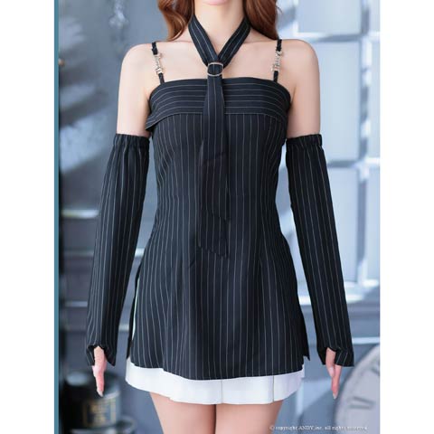 8/14再入荷![an]2wayネクタイ付きストライプスリットAラインミニ丈キャバドレス[AOC-3959](ブラック×ホワイト-XSサイズ)