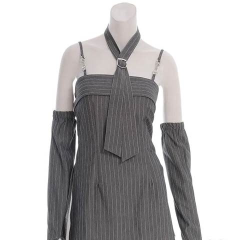 8/14再入荷![an]2wayネクタイ付きストライプスリットAラインミニ丈キャバドレス[AOC-3959](グレー×ホワイト-XSサイズ)