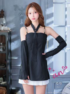 8/14再入荷![an]2wayネクタイ付きストライプスリットAラインミニ丈キャバドレス[AOC-3959]