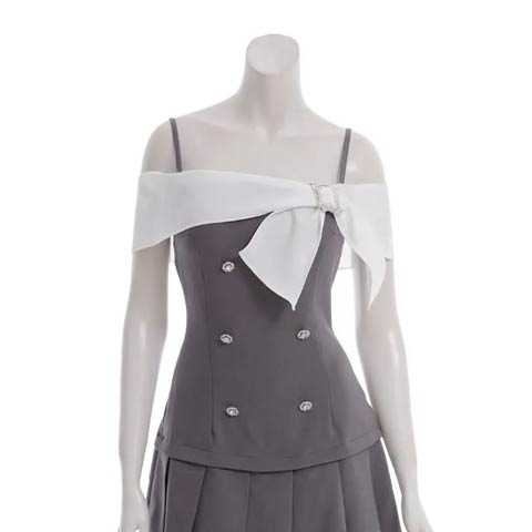 8/11新作![an]バイカラーオフショルリボンプリーツAラインミニ丈キャバドレス[AOC-3962](グレー×ホワイト-Sサイズ)