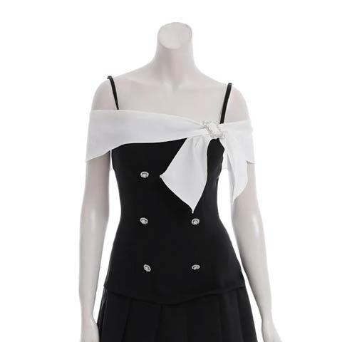 8/11新作![an]バイカラーオフショルリボンプリーツAラインミニ丈キャバドレス[AOC-3962](ブラック×ホワイト-Sサイズ)