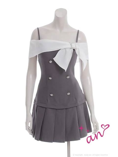 8/11新作![an]バイカラーオフショルリボンプリーツAラインミニ丈キャバドレス[AOC-3962]