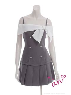 8/11新作![an]バイカラーオフショルリボンプリーツAラインミニ丈キャバドレス[AOC-3962]