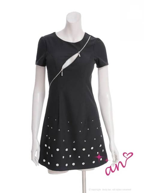 9/19新作![an]アシンメトリーファスナービジューAラインミニ丈キャバドレス[AOC-3955]