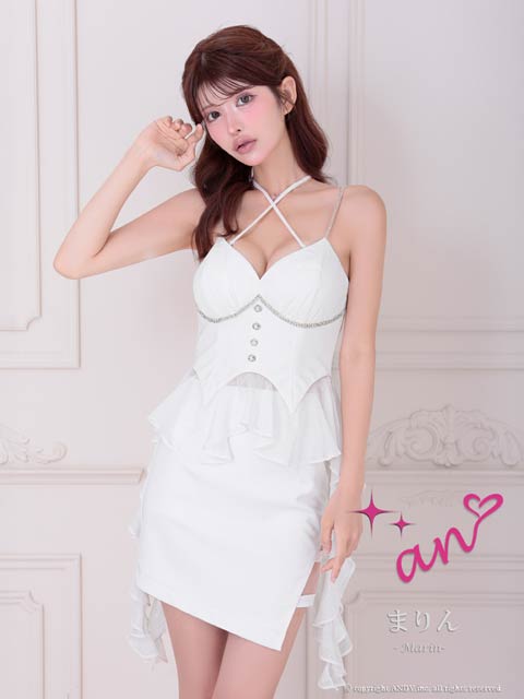 8/20新作!【ポイント20倍】[an]2wayデコルテクロスビジューフリルタイトミニセットアップ[AOC-3948]