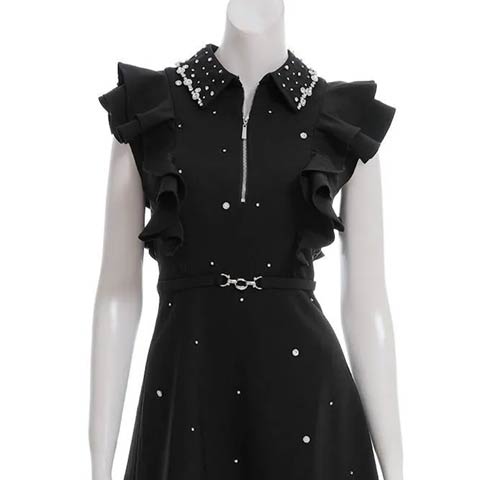 8/22新作!【ポイント20倍】[an]ビジュー襟フロントジップボリュームフリルAラインミニ丈キャバドレス[AOC-3956](ブラック-Sサイズ)