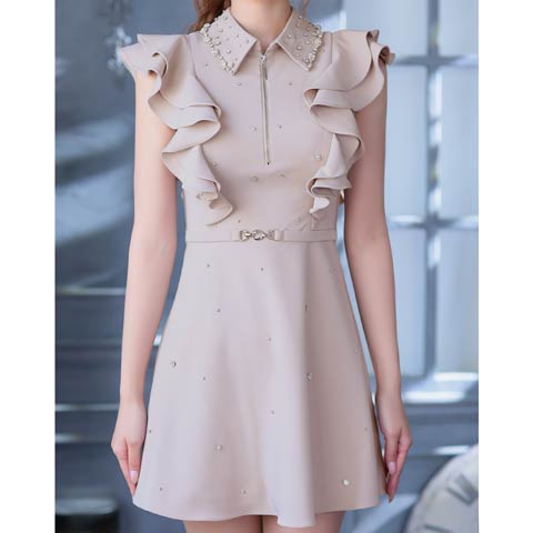 8/22新作!【ポイント20倍】[an]ビジュー襟フロントジップボリュームフリルAラインミニ丈キャバドレス[AOC-3956](ベージュ-Sサイズ)