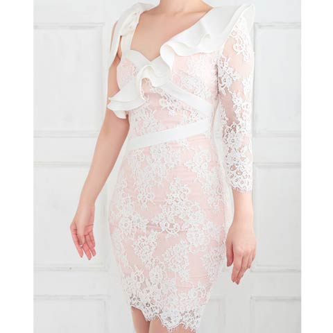 8/22新作!【ポイント20倍】[Andy]アシンメトリーフリルフラワーレース袖タイトミニ丈キャバドレス[AN-OK2725](ベージュ×ホワイト-Sサイズ)