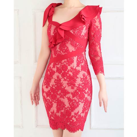 8/22新作!【ポイント20倍】[Andy]アシンメトリーフリルフラワーレース袖タイトミニ丈キャバドレス[AN-OK2725](ベージュ×レッド-Sサイズ)