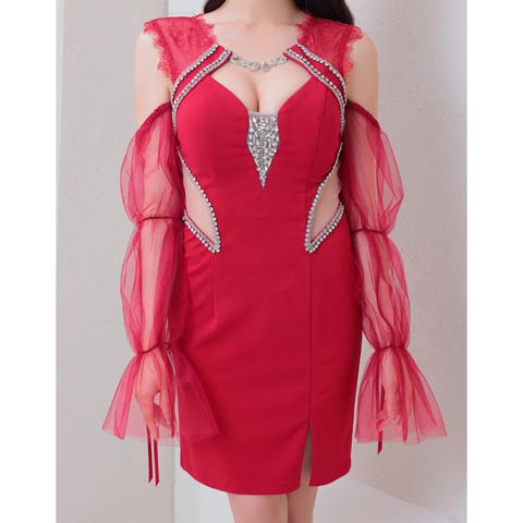 10/7再入荷!【ポイント20倍】[GLAMOROUS by Andy]カットアウトビジュー2wayチュール袖タイトミニ丈キャバドレス[GMS-V873](レッド-Sサイズ)