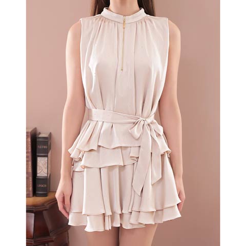 2/12再入荷!【ポイント20倍】[an]ハイネックジップラインストーンリボンフリルAラインミニ丈キャバドレス[AOC-3946](ピンクXベージュ-Sサイズ)