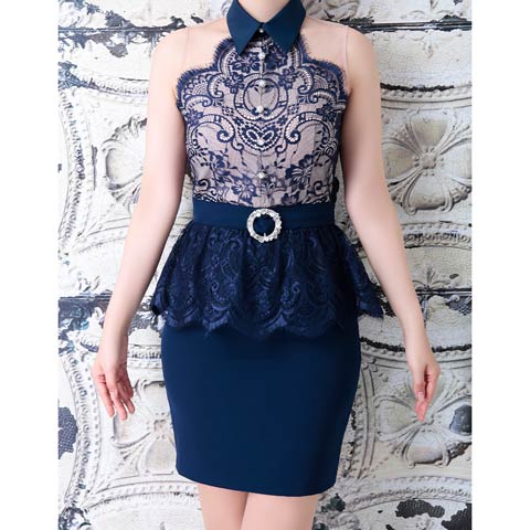 8/29新作!【ポイント20倍】[Andy]襟付きレースペプラムシアーアメスリ風タイトミニ丈キャバドレス[AN-OK2623](ネイビー-Sサイズ)