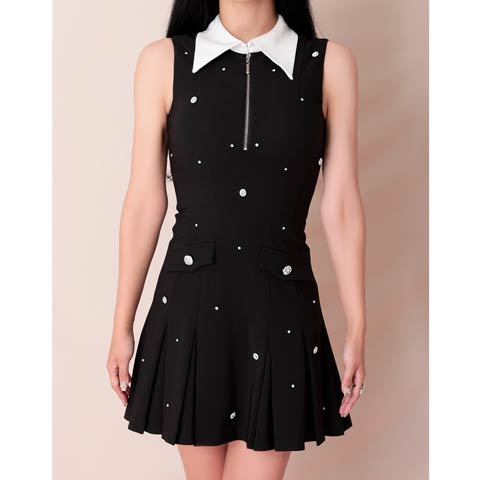 3/26新作!【今だけポイント20倍】[an]ノースリーブ襟付きビジューフロントジッププリーツAラインミニ丈キャバドレス[AOC-3954](ブラック-XSサイズ)