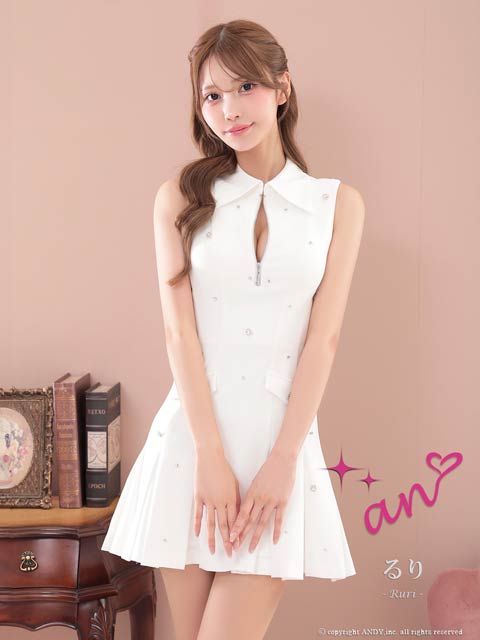 3/26新作!【今だけポイント20倍】[an]ノースリーブ襟付きビジューフロントジッププリーツAラインミニ丈キャバドレス[AOC-3954]