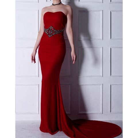 3/26新作!【今だけポイント20倍】[Andy]ゴージャスウエストビジューベアタイトロング丈キャバドレス[AN-OK2474](レッド-Mサイズ)