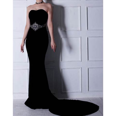 3/26新作!【今だけポイント20倍】[Andy]ゴージャスウエストビジューベアタイトロング丈キャバドレス[AN-OK2474](ブラック-Mサイズ)