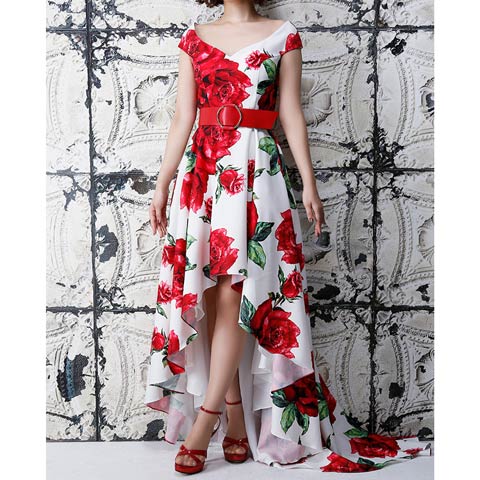 3/26新作!【今だけポイント20倍】[Andy]ローズプリントベルト付きAフィッシュテールAラインロング丈キャバドレス[AN-OK2527](ホワイト-Sサイズ)