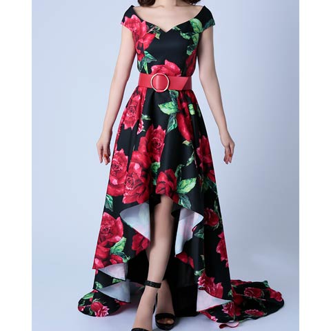 3/26新作!【今だけポイント20倍】[Andy]ローズプリントベルト付きAフィッシュテールAラインロング丈キャバドレス[AN-OK2527](ブラック-Sサイズ)