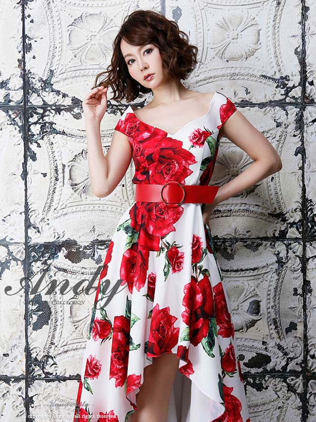 3/26新作!【今だけポイント20倍】[Andy]ローズプリントベルト付きAフィッシュテールAラインロング丈キャバドレス[AN-OK2527]