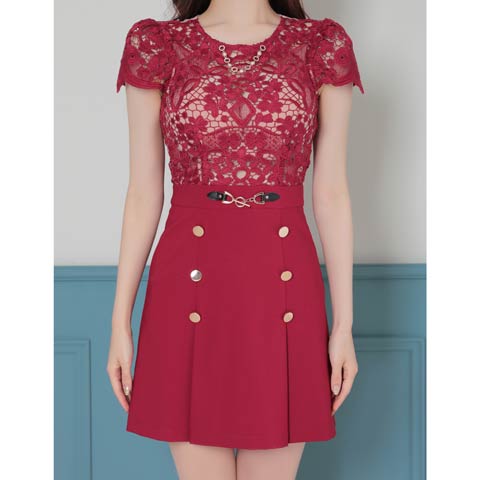 9/3新作![Andy]ケミカルレース切り替え半袖プリーツAラインミニドレス[AN-ON2852](ワインレッド-Sサイズ)