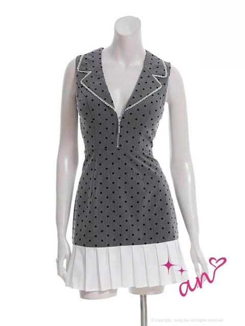 9/3新作![an]ドット柄フロントジップパール襟付きプリーツAラインミニ丈キャバドレス[AOC-3967]