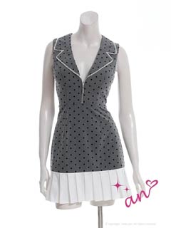9/3新作![an]ドット柄フロントジップパール襟付きプリーツAラインミニ丈キャバドレス[AOC-3967]