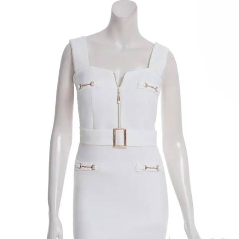 9/5新作![an]ノースリーブフロントジップベルトデザインタイトミニ丈キャバドレス[AOC-3966](ホワイト-Sサイズ)