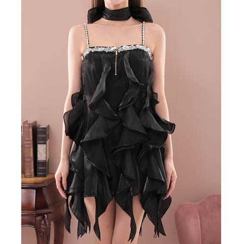 10/7再入荷![an]ネックリボン付きラッフルフリルビジュージップAラインミニ丈キャバドレス[AOC-3951](ブラック-Sサイズ)