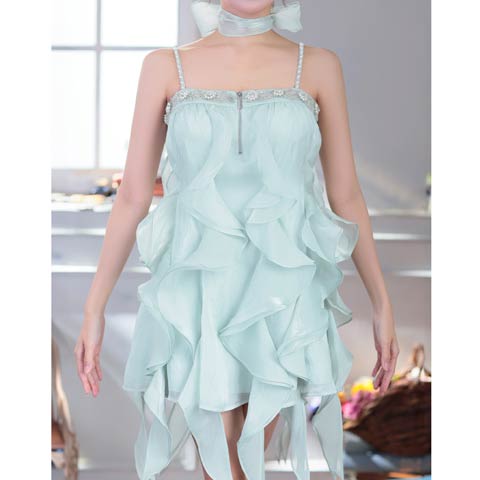 10/7再入荷![an]ネックリボン付きラッフルフリルビジュージップAラインミニ丈キャバドレス[AOC-3951](ミント-Sサイズ)
