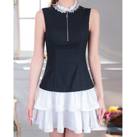 10/7再入荷![an]パールビジューノースリーブファスナーフリルAラインミニ丈キャバドレス[AOC-3958](ブラック×ホワイト-Sサイズ)