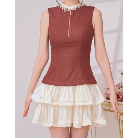 10/7再入荷![an]パールビジューノースリーブファスナーフリルAラインミニ丈キャバドレス[AOC-3958](ブラウン×ホワイト-Sサイズ)