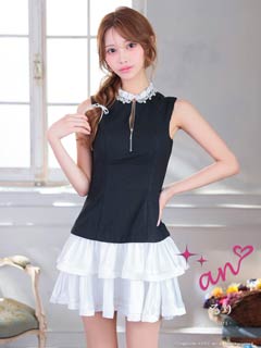 10/7再入荷![an]パールビジューノースリーブファスナーフリルAラインミニ丈キャバドレス[AOC-3958]