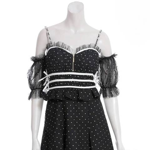 9/5新作![ab]2wayドット柄オフショルキャミフロントジップリボンAラインミニ丈キャバドレス[AOC-3965](ブラック-Sサイズ)