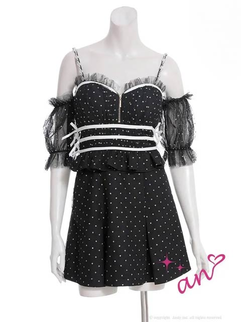 9/5新作![ab]2wayドット柄オフショルキャミフロントジップリボンAラインミニ丈キャバドレス[AOC-3965]