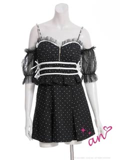 9/5新作![ab]2wayドット柄オフショルキャミフロントジップリボンAラインミニ丈キャバドレス[AOC-3965]