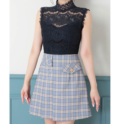 9/22新作![Andy]ハイネックレースチェックプリーツAラインミニ丈キャバドレス[AN-OK2784](ブルーベージュ-Sサイズ)