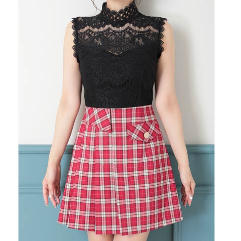 9/22新作![Andy]ハイネックレースチェックプリーツAラインミニ丈キャバドレス[AN-OK2784](レッドベージュ-Sサイズ)