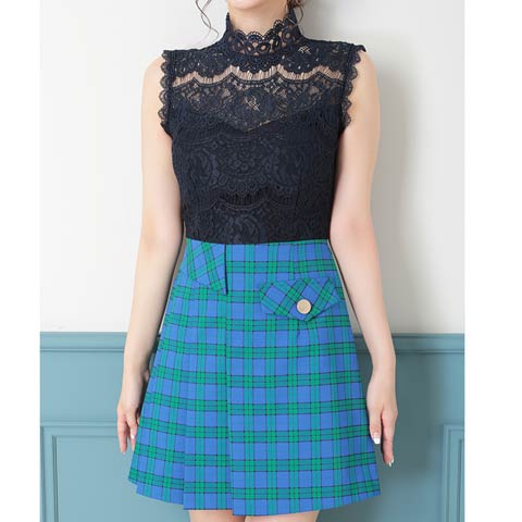 9/22新作![Andy]ハイネックレースチェックプリーツAラインミニ丈キャバドレス[AN-OK2784](グリーンネイビー-Sサイズ)