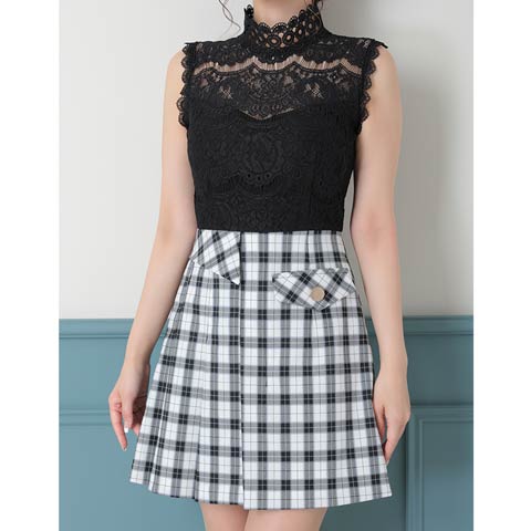 9/22新作![Andy]ハイネックレースチェックプリーツAラインミニ丈キャバドレス[AN-OK2784](ブラックホワイト-Sサイズ)